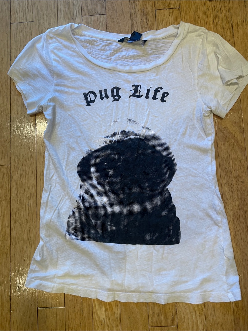 H&M White Tee with Black Pug Graphic and 'pug Life' Text